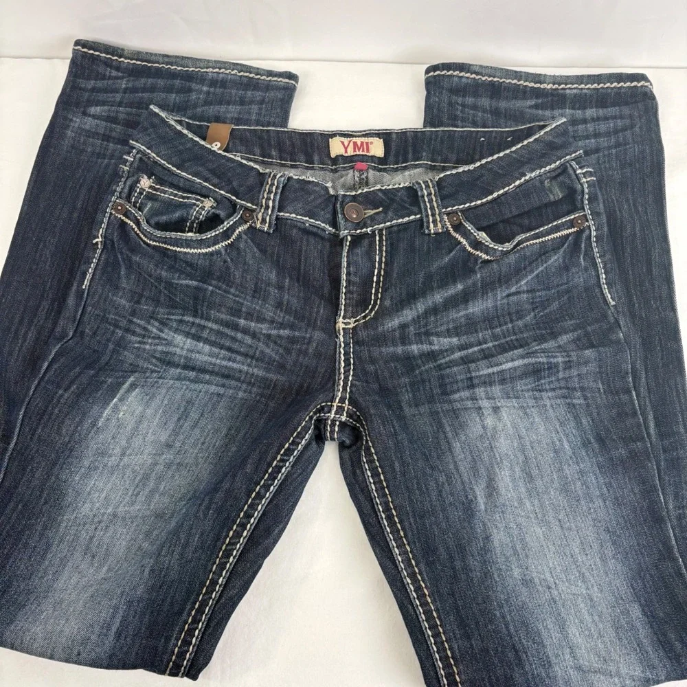 YMI Lowrise Bootcut Dark Wash Embellished Flap Pockets Jeans Y2K Size 11 (32x32)